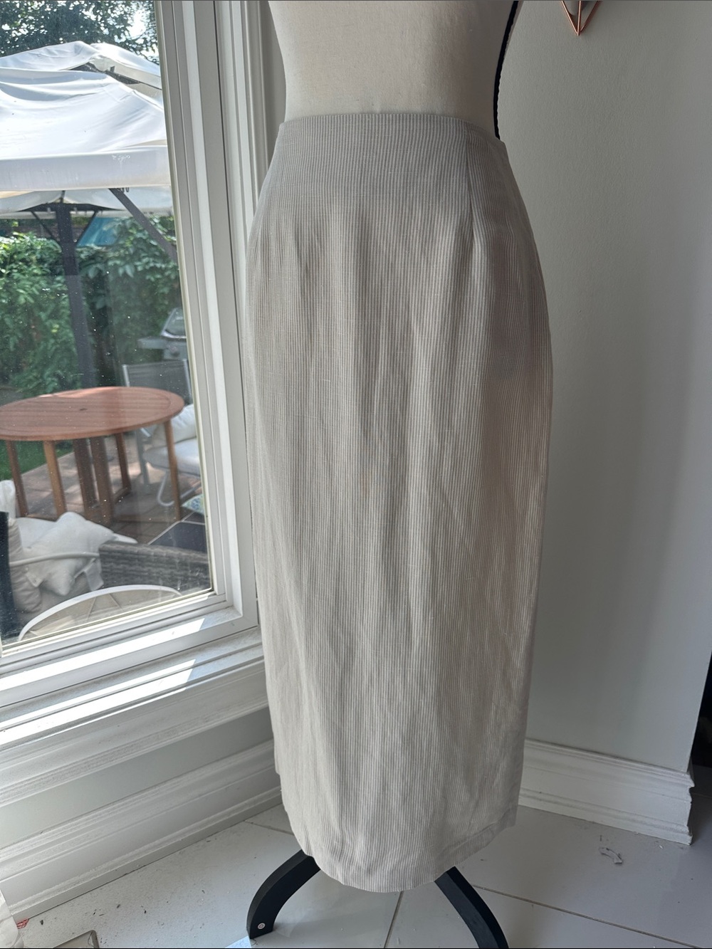 VINTAGE 90s LINEN Classic Cream White Tan Beige Striped Midi Pencil Skirt Medium - Picture 3 of 13